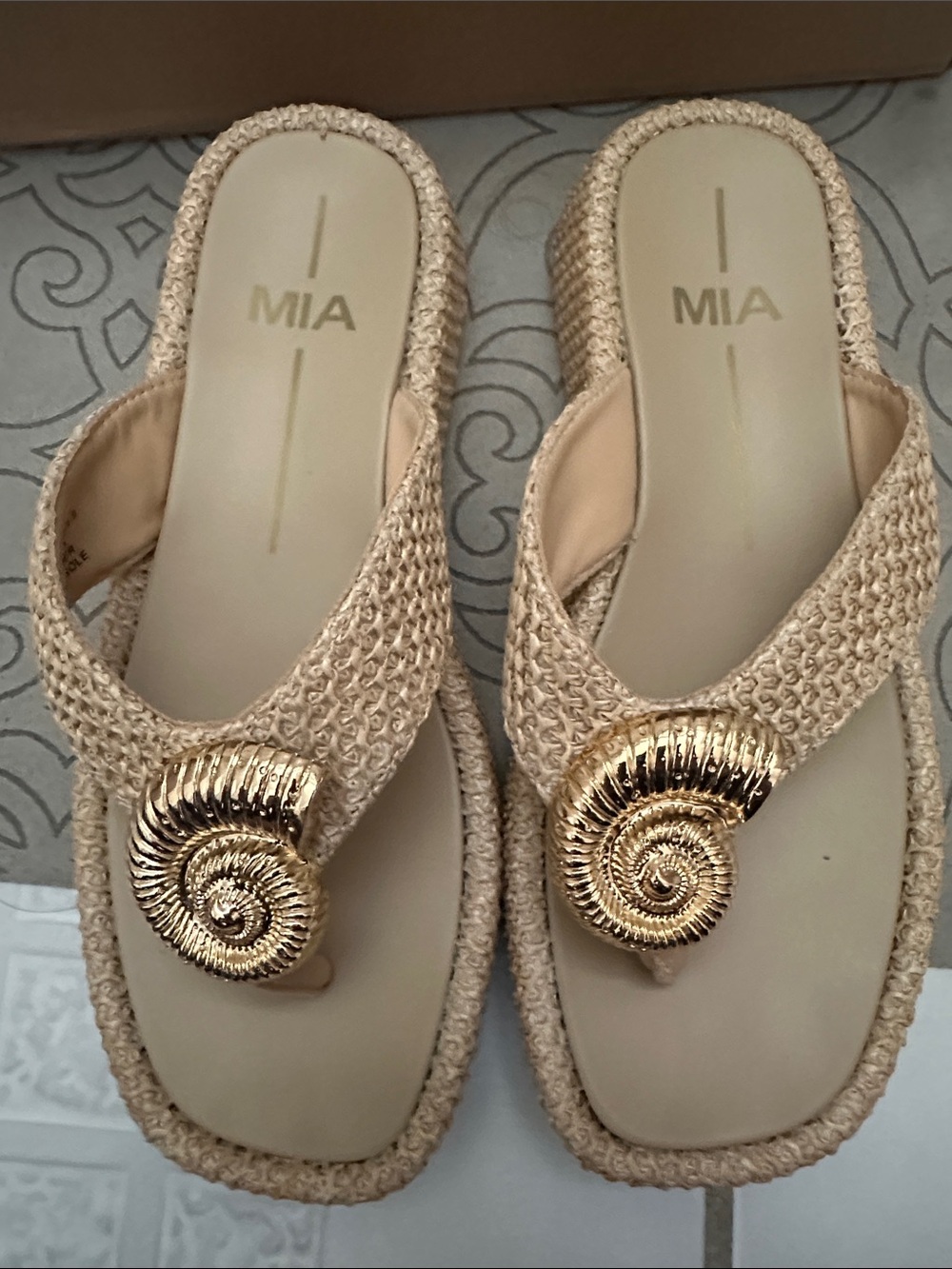 MIA Tan Woven Thong Sandals with Gold Shell Accent - Picture 5 of 7